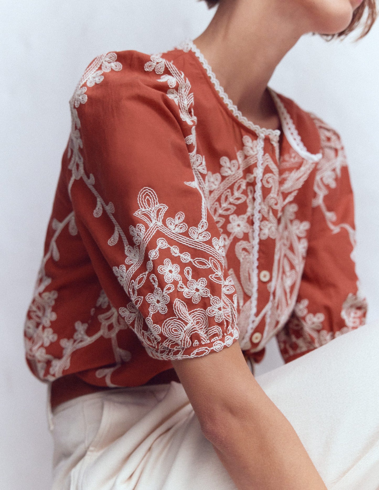 Leah Short Sleeve Interest Top-Red Floral Embroidery