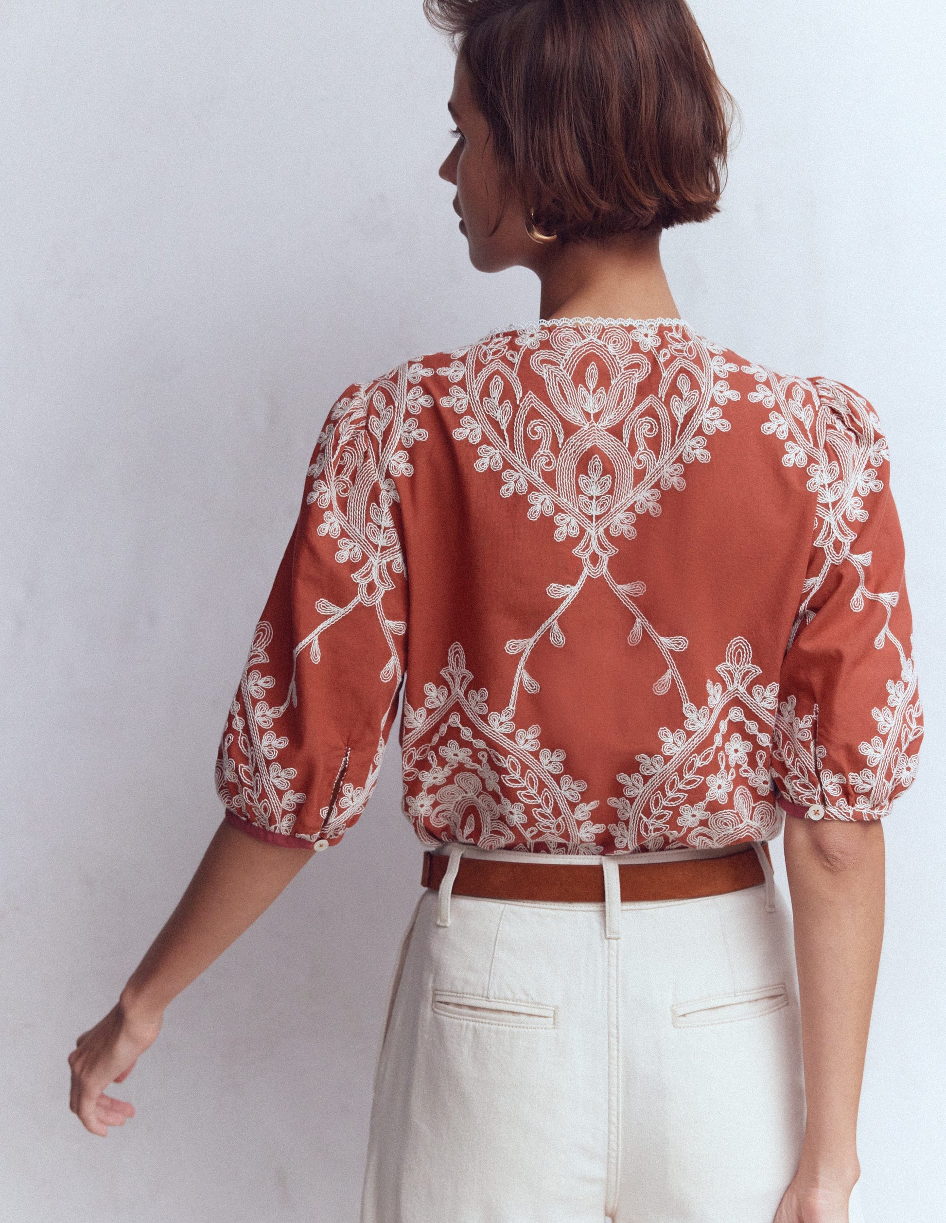 Leah Short Sleeve Interest Top-Red Floral Embroidery-4