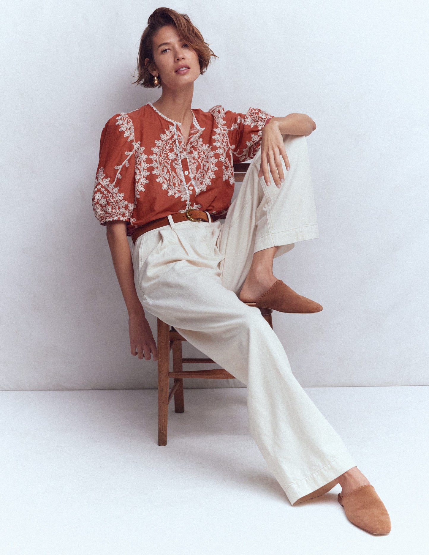 Leah Short Sleeve Interest Top-Red Floral Embroidery