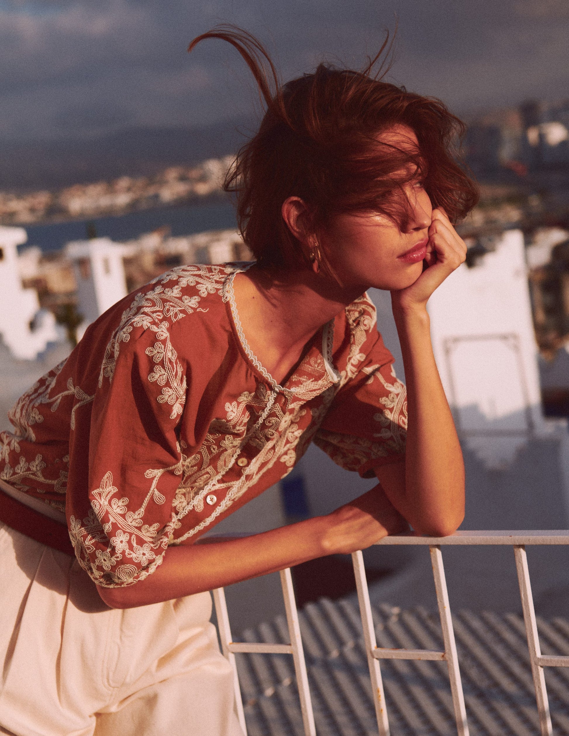 Leah Short Sleeve Interest Top-Red Floral Embroidery-1