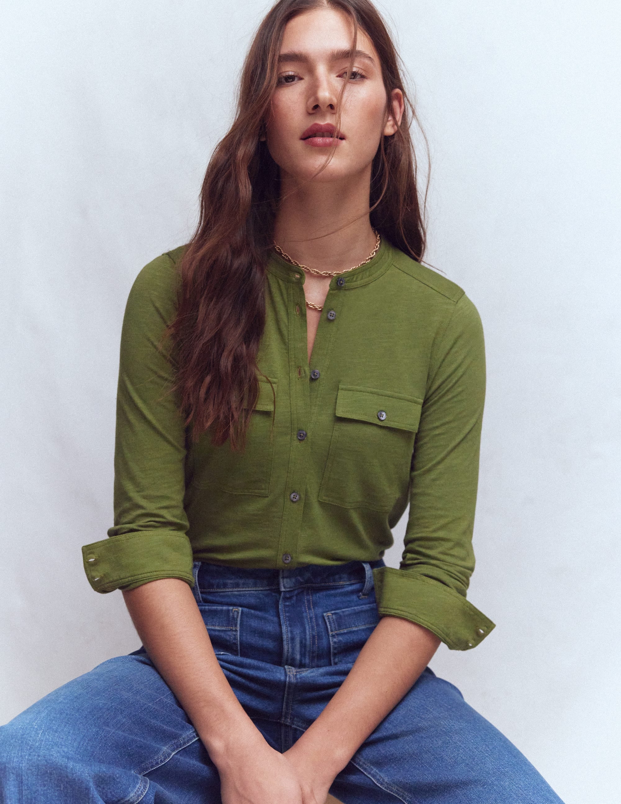 Topstitched Pocket Shirt-Woodland Green - Image 2
