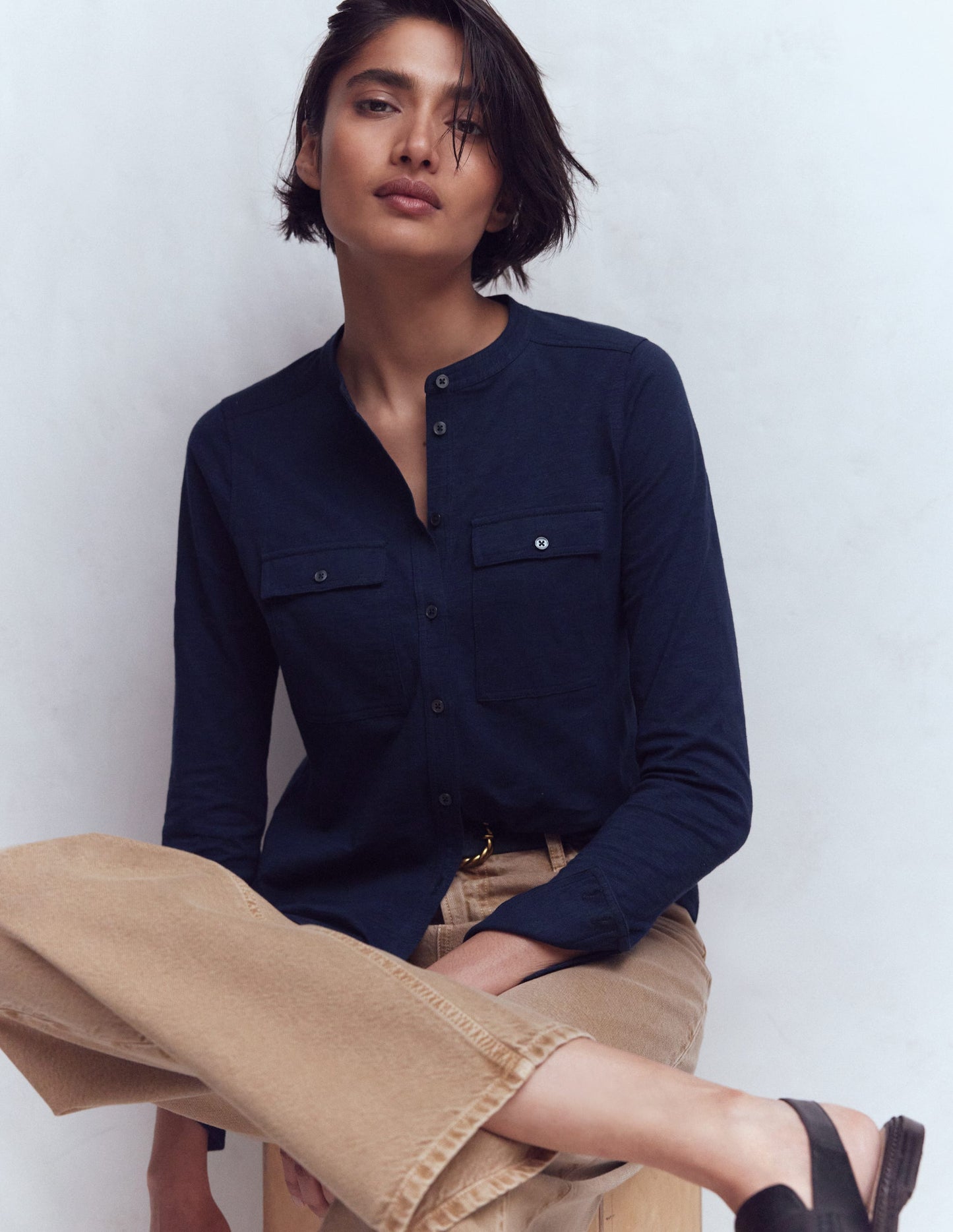 Topstitched Pocket Shirt-Navy