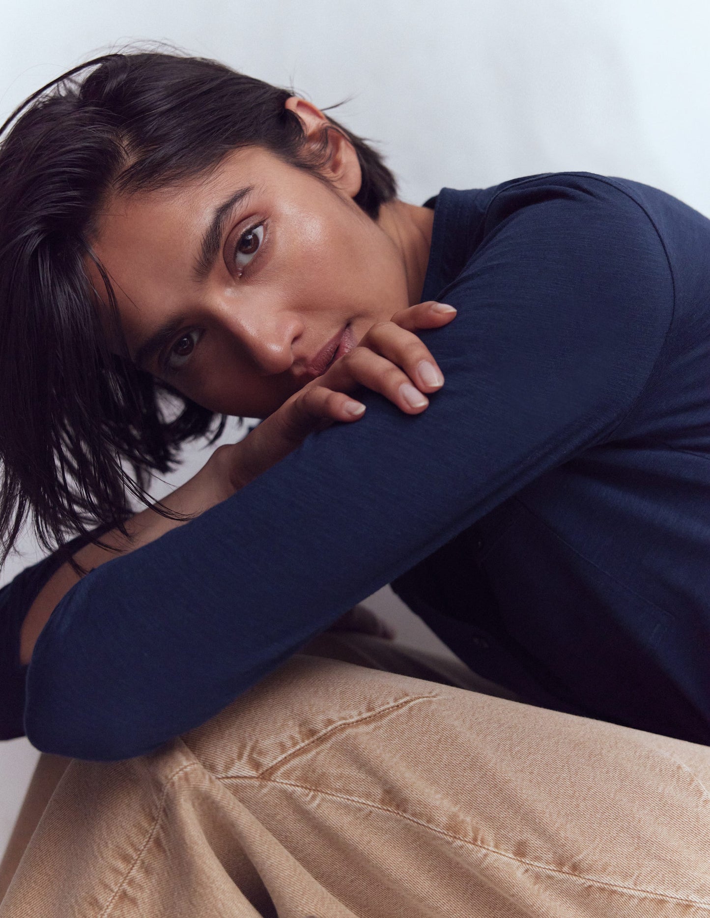 Topstitched Pocket Shirt-Navy