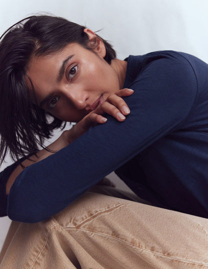 Topstitched Pocket Shirt-Navy-2