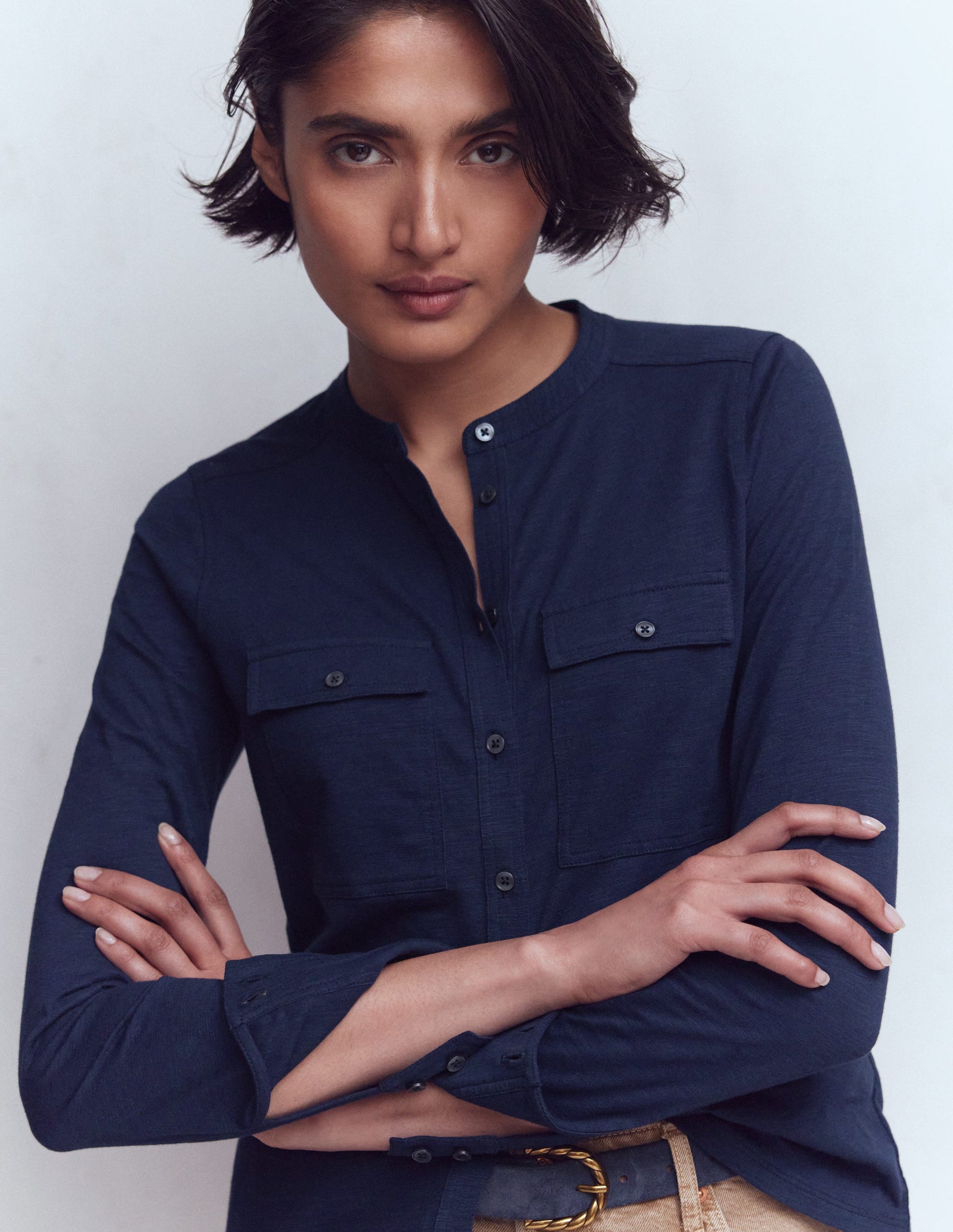 Topstitched Pocket Shirt-Navy-4