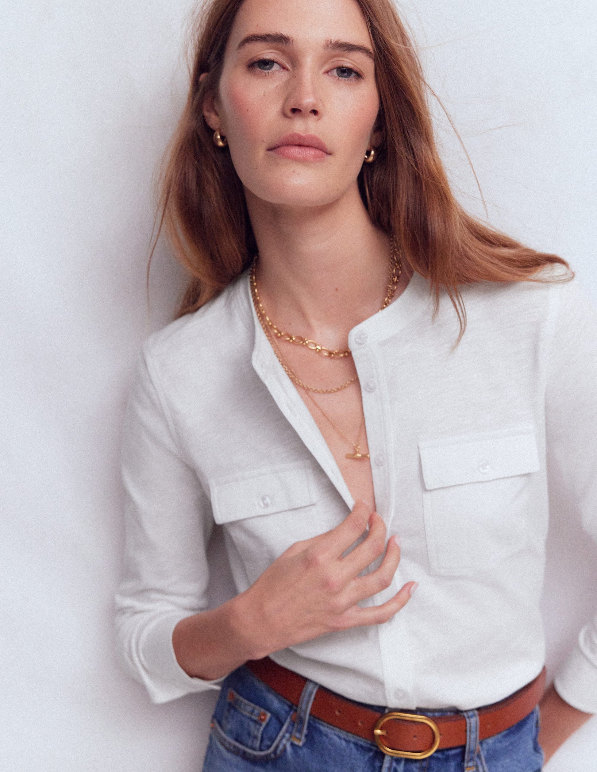 Topstitched Pocket Shirt-White-1