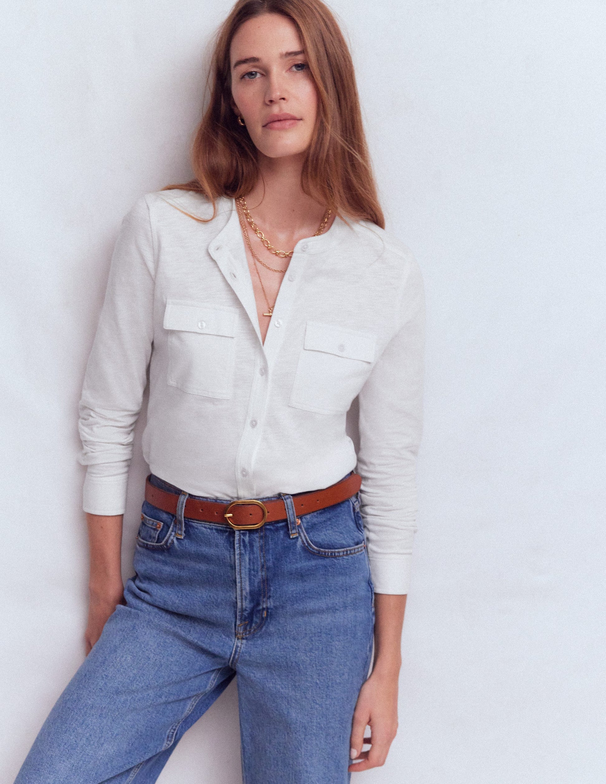 Topstitched Pocket Shirt-White-4