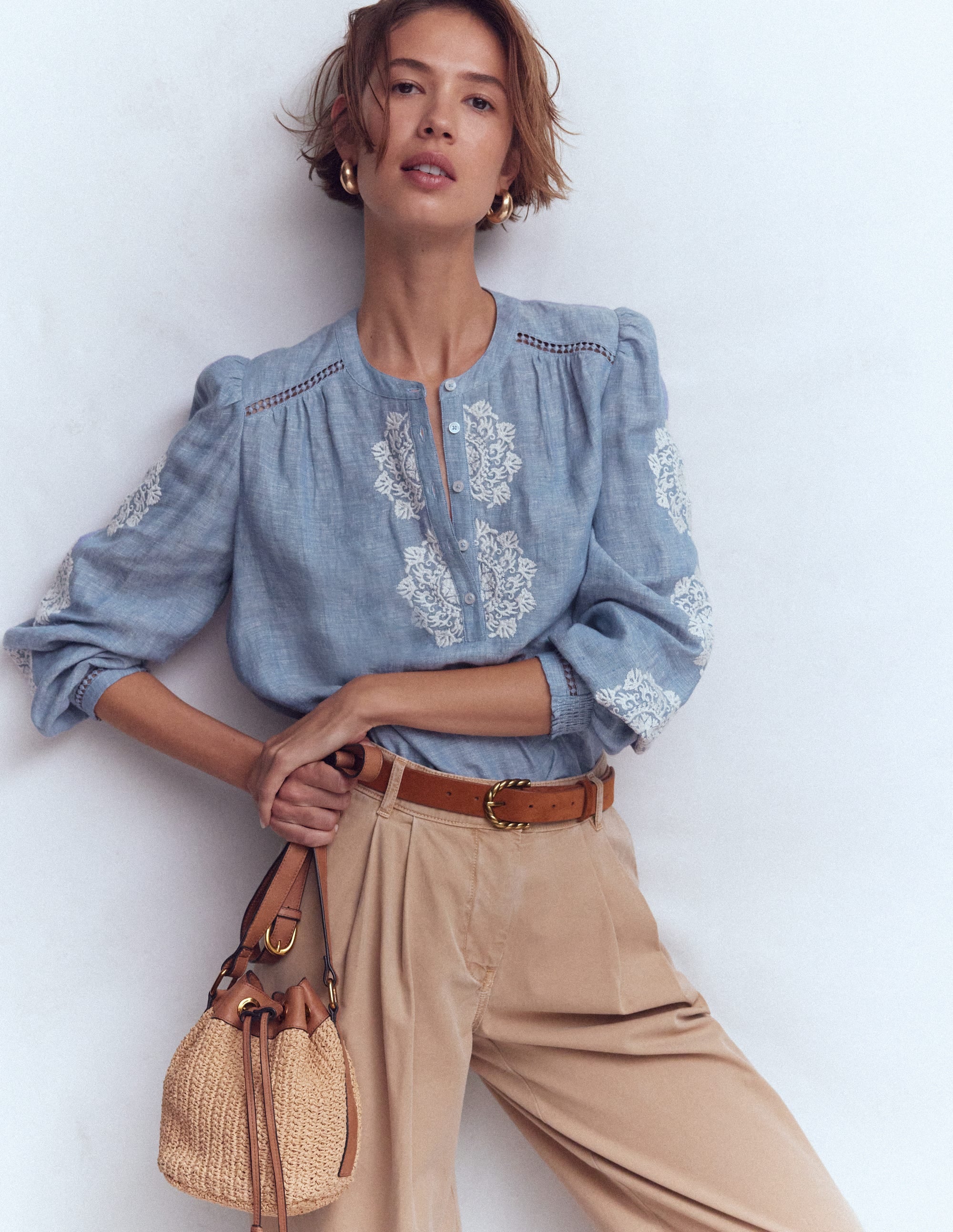 Embroidered Trim Interest Top - Chambray | Boden USA