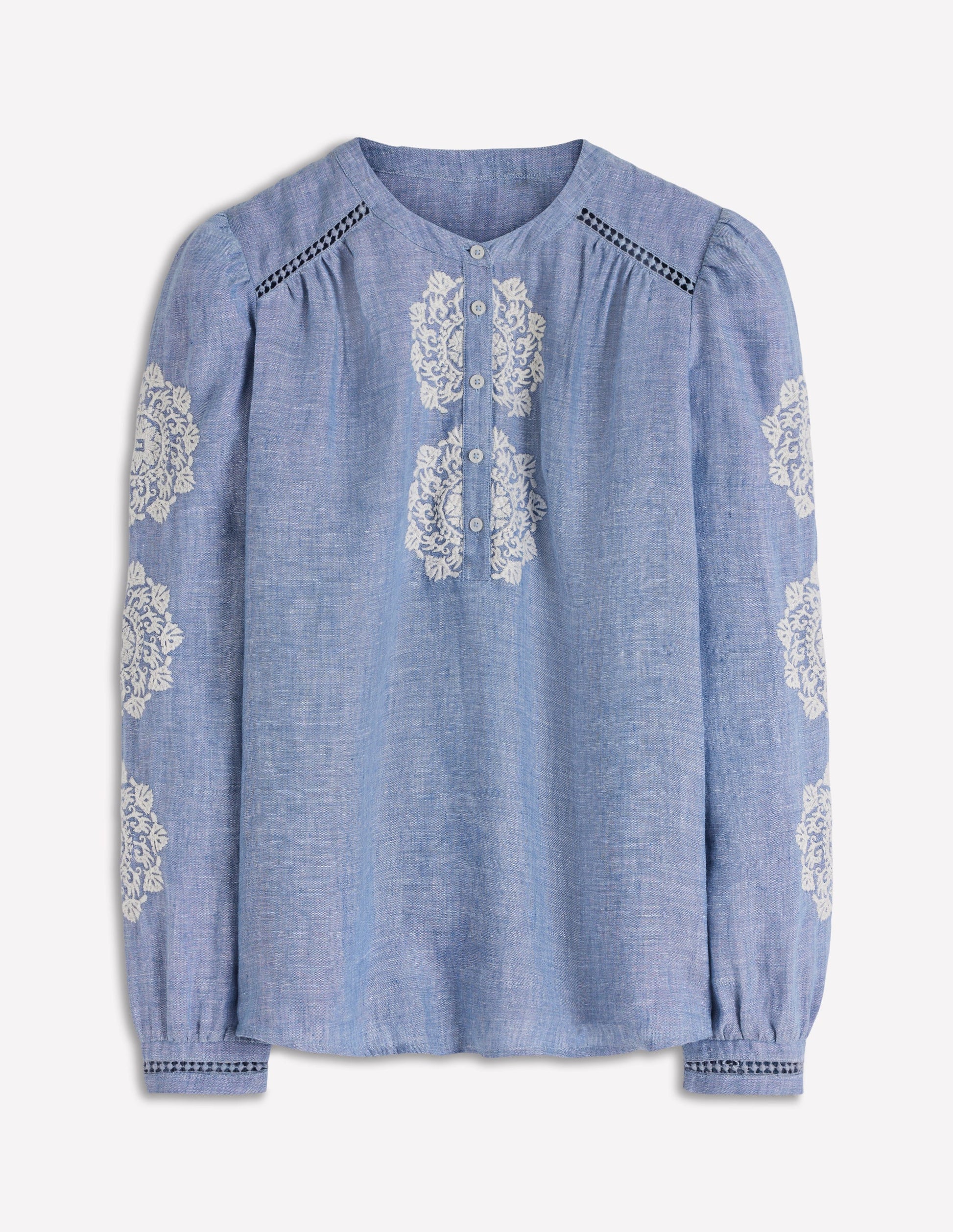 Embroidered Trim Interest Top-Chambray-6