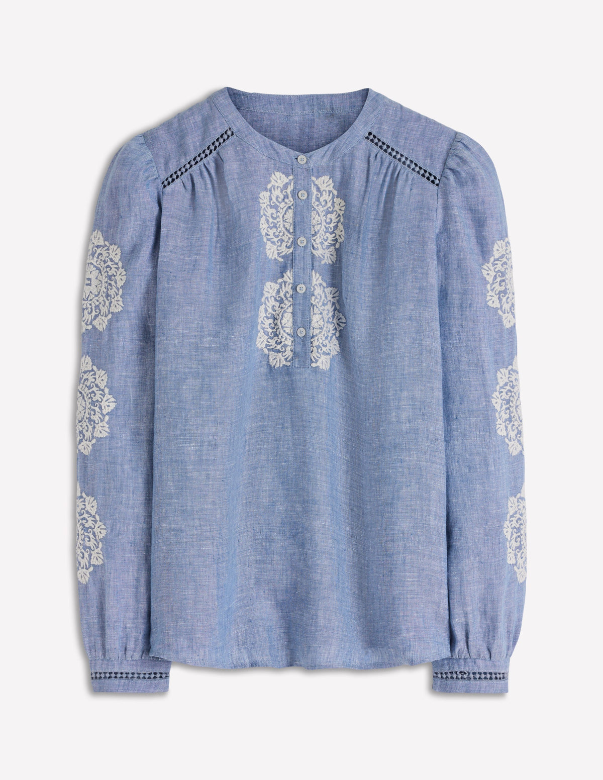Embroidered Trim Interest Top-Chambray - Image 6