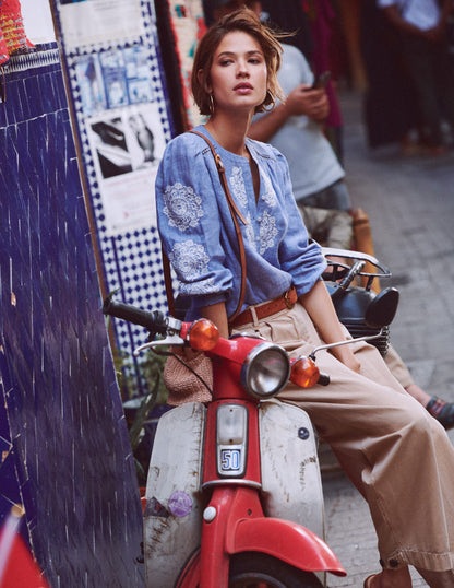 Embroidered Trim Interest Top-Chambray, Ivory Embroidery-1