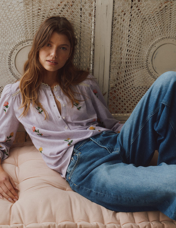 Embroidered Trim Interest Top-Purple Stripe Embroidery