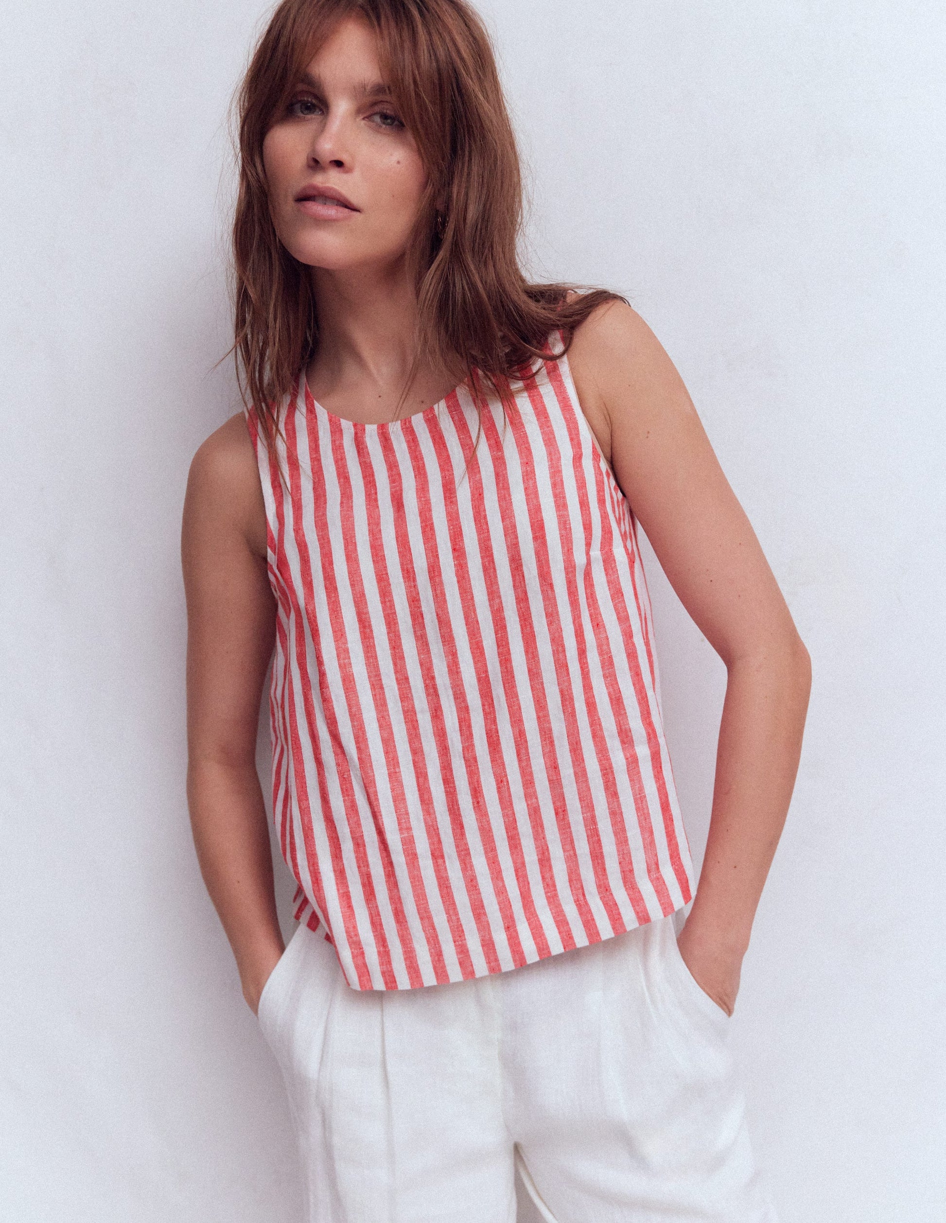 Sofia Linen Top-Bright Cherry and Ivory Stripe-1