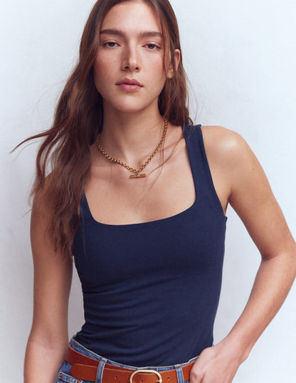 Double Layer Square Neck Vest-Navy-1