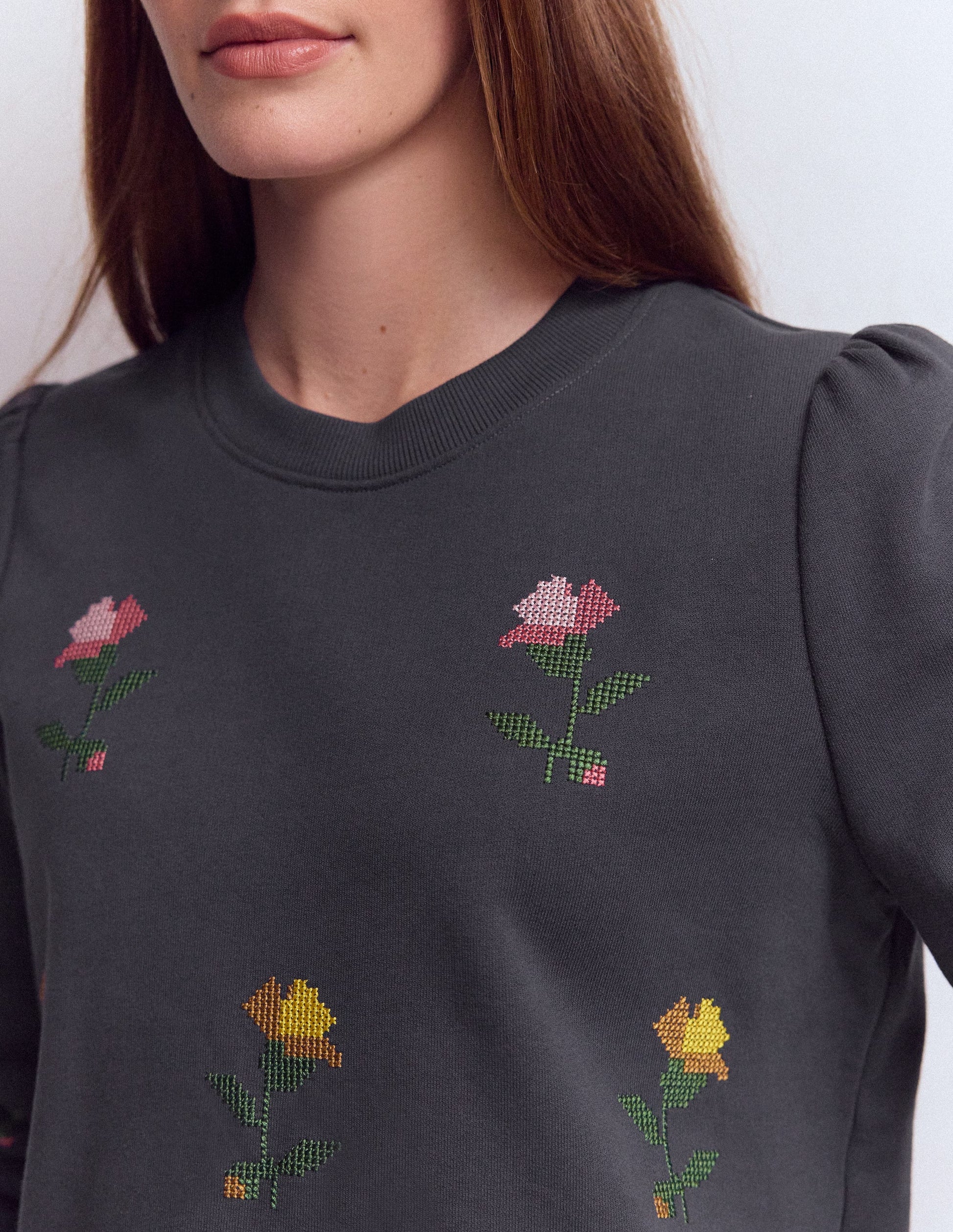 Puff Sleeve Embroidered Sweat-Cross Stitch Flower Embroidery-2