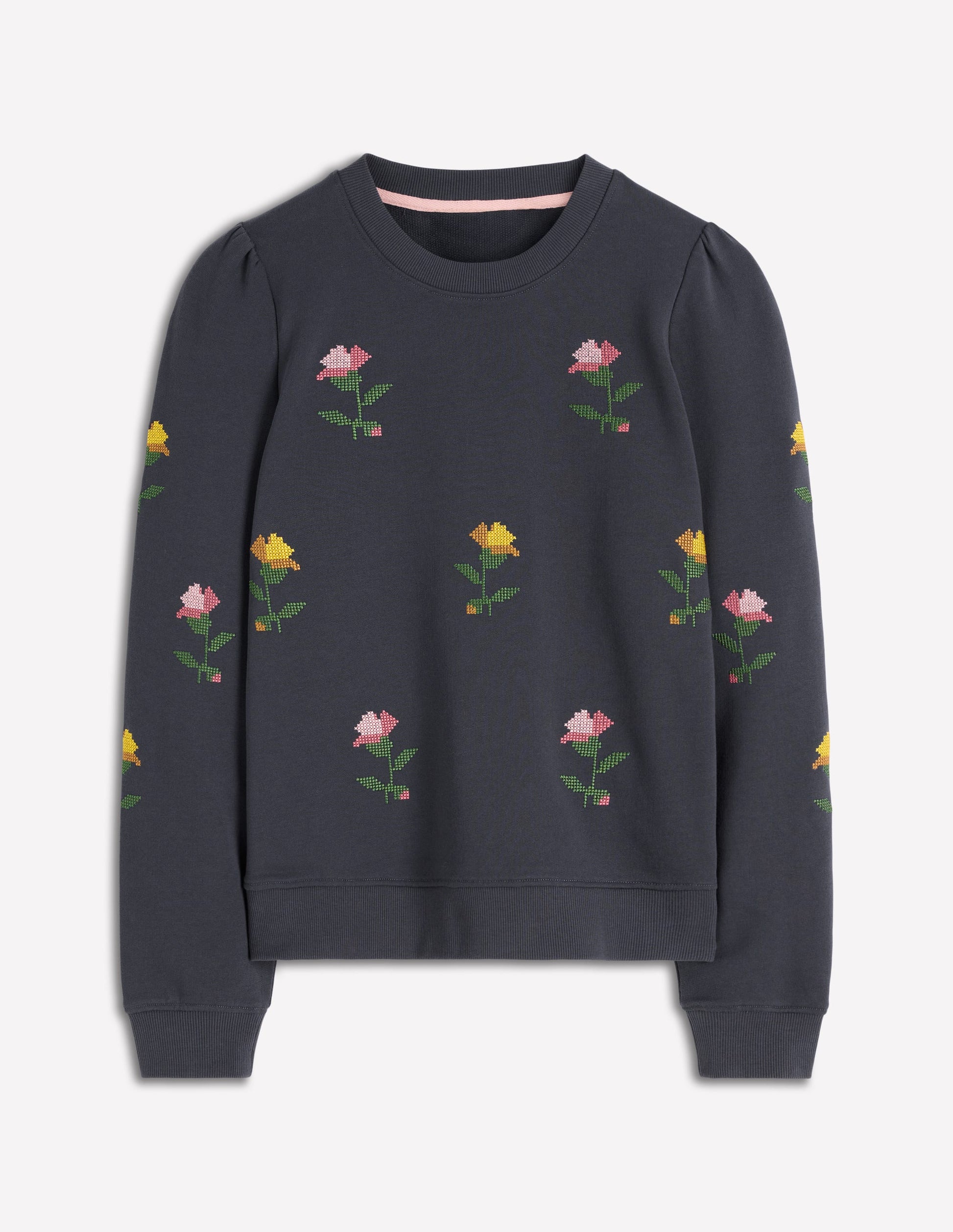Puff Sleeve Embroidered Sweat-Cross Stitch Flower Embroidery-5
