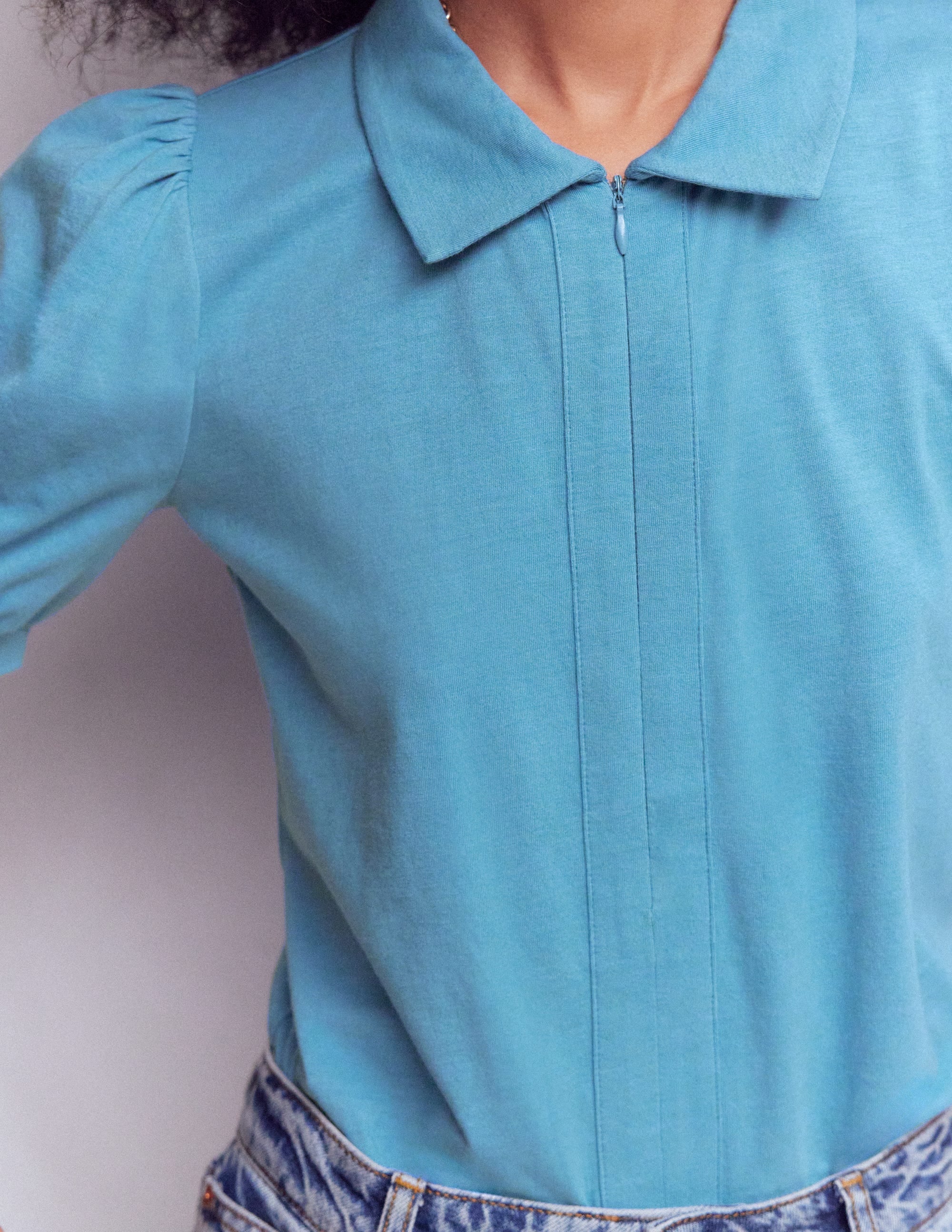 Short Sleeve Zip Collar Top-Silver Lake - Image 2