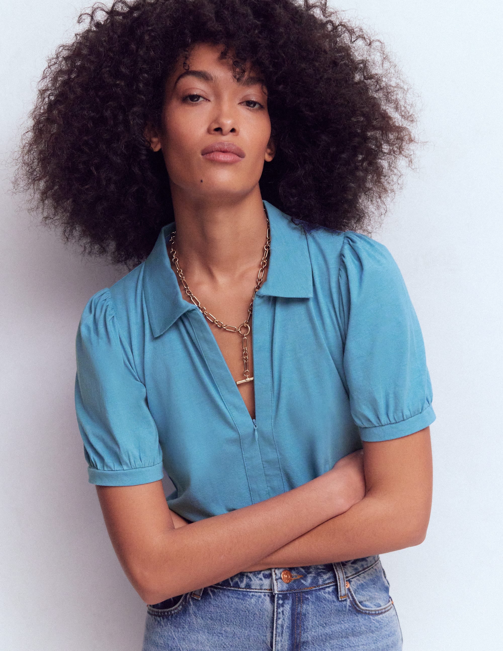 Short Sleeve Zip Collar Top-Silver Lake - Image 4