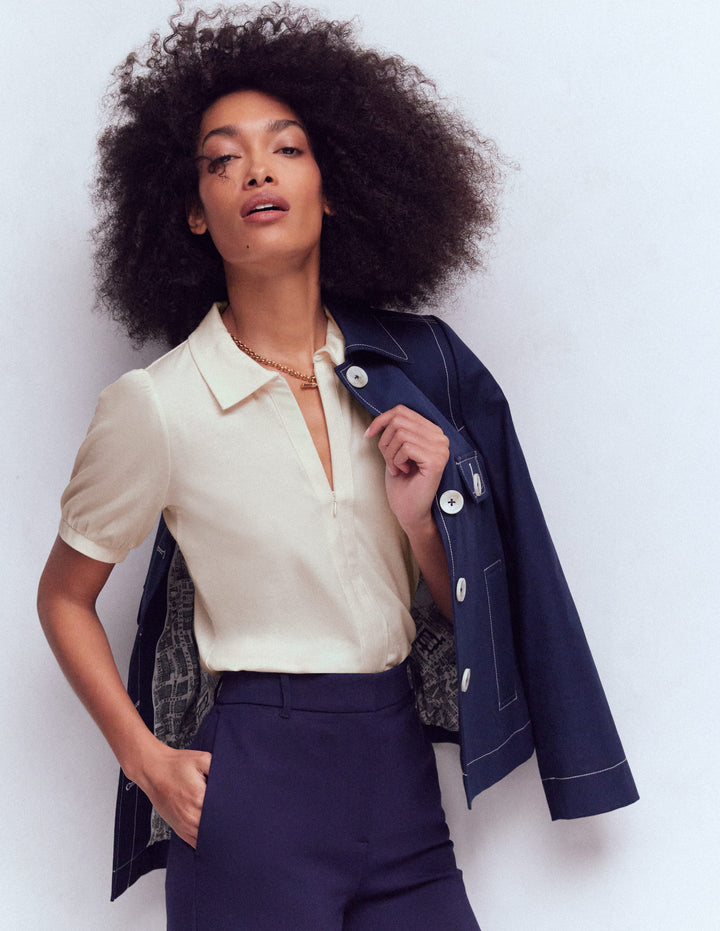 Short Sleeve Zip Collar Top-Ivory