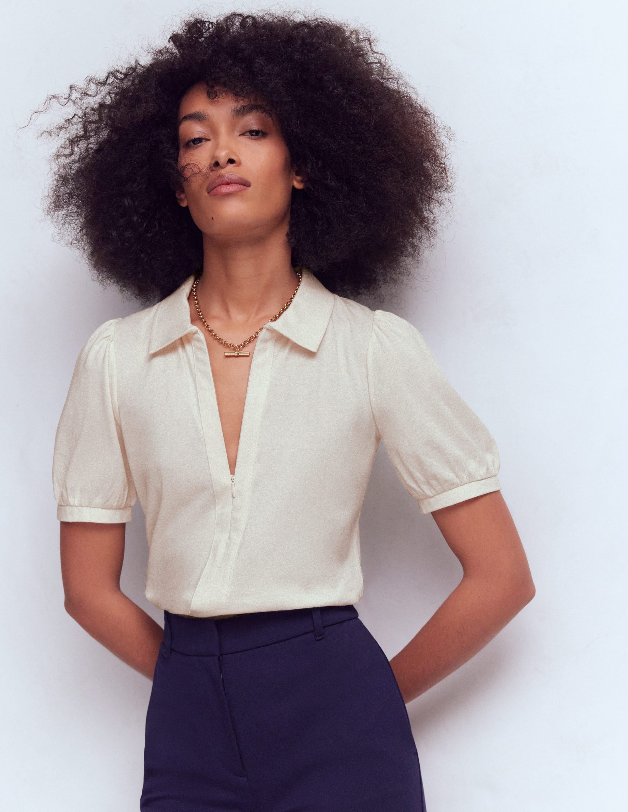 Short Sleeve Zip Collar Top-Ivory - Image 4