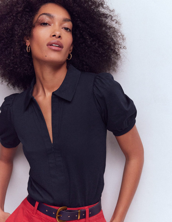 Short Sleeve Zip Collar Top-Navy