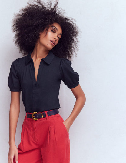 Short Sleeve Zip Collar Top-Navy-5