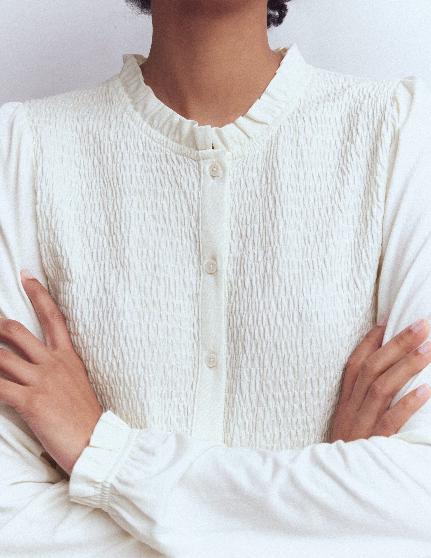 Supersoft Smocked button top-Ivory