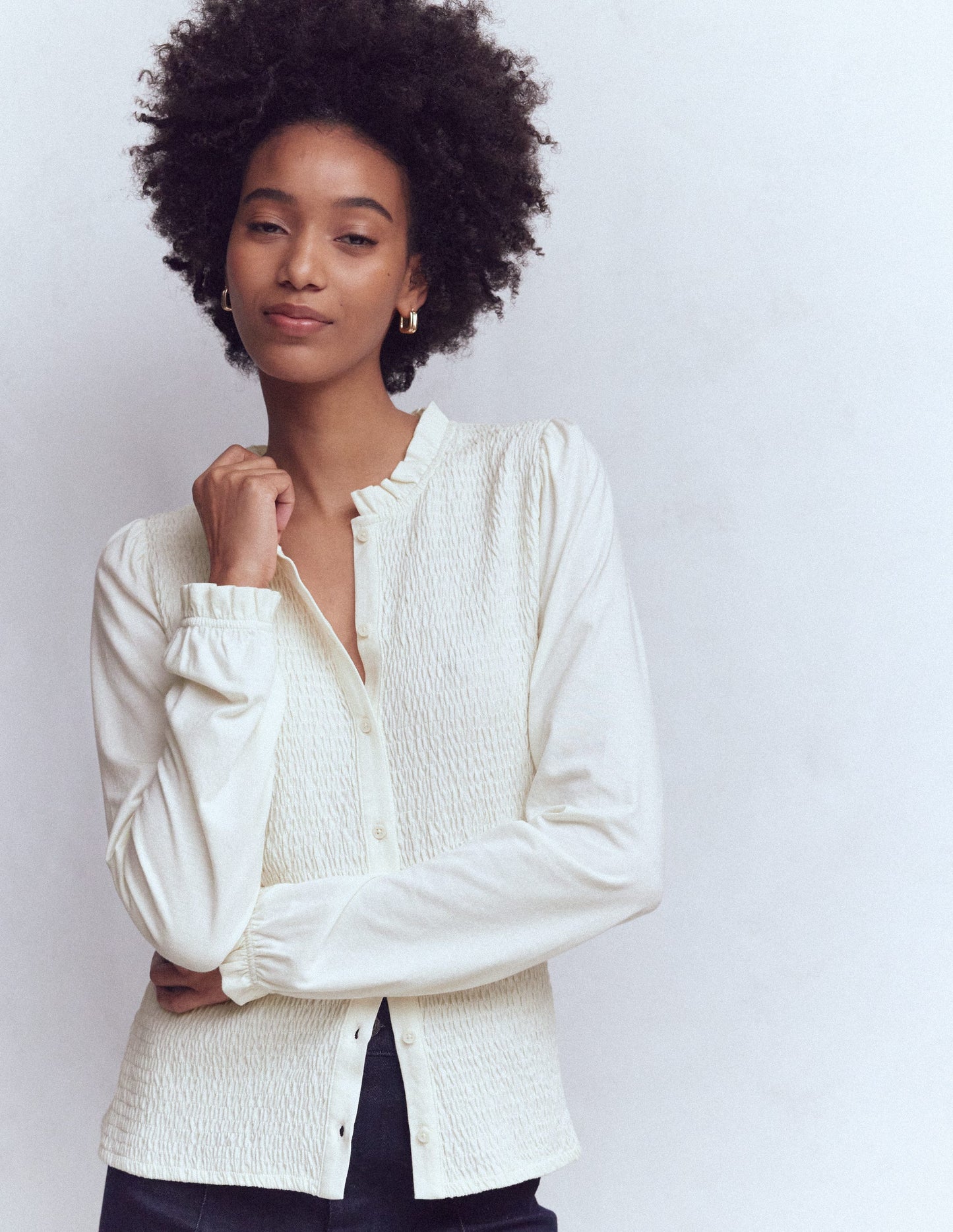 Supersoft Smocked button top-Ivory