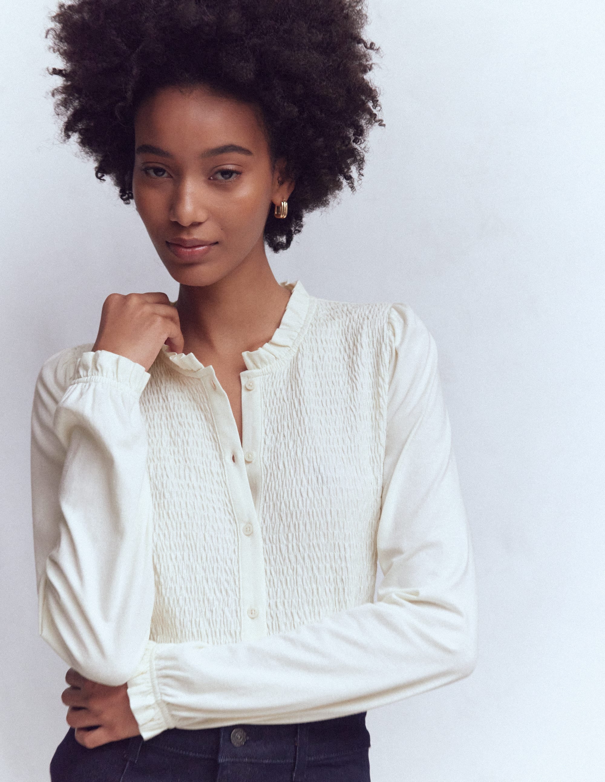 Supersoft Smocked button top-Ivory - Image 5
