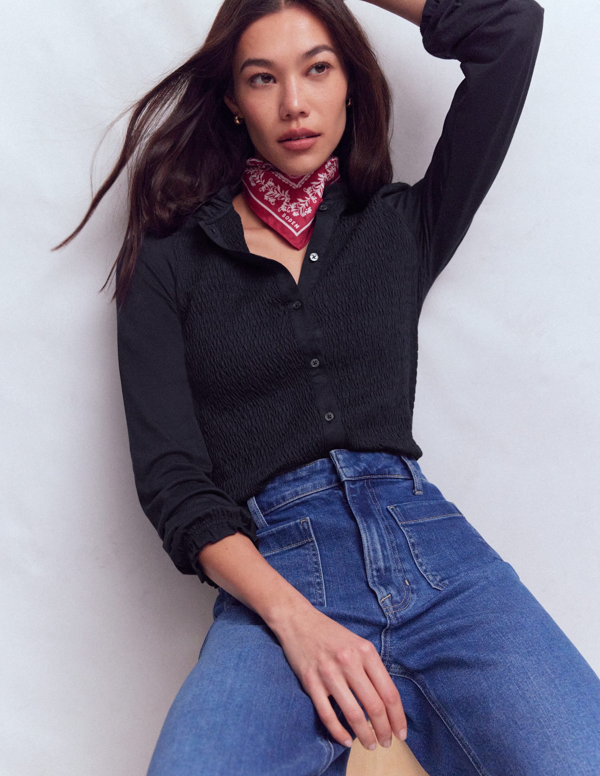 Supersoft Smocked button top-Navy - Image 1