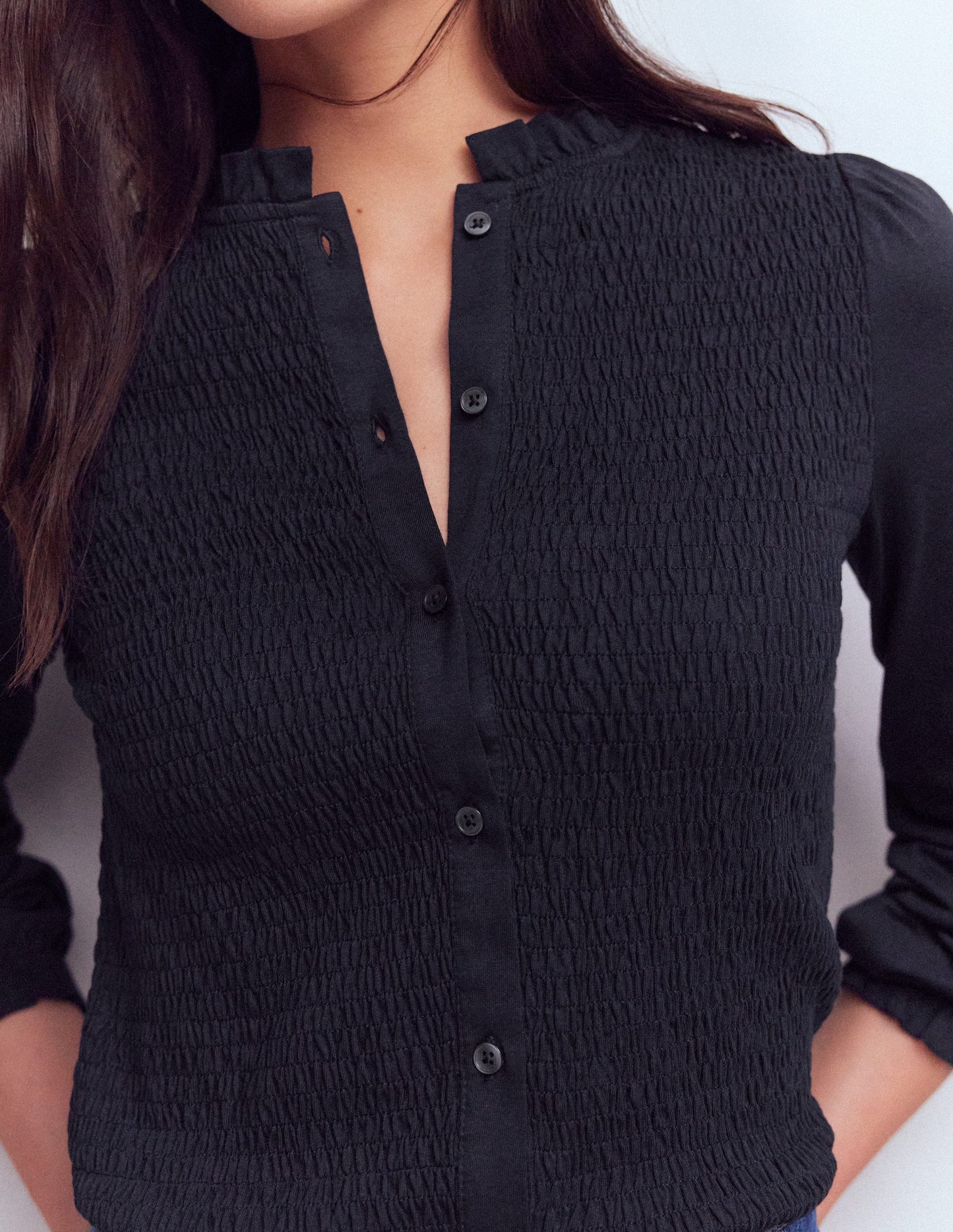 Supersoft Smocked button top-Navy