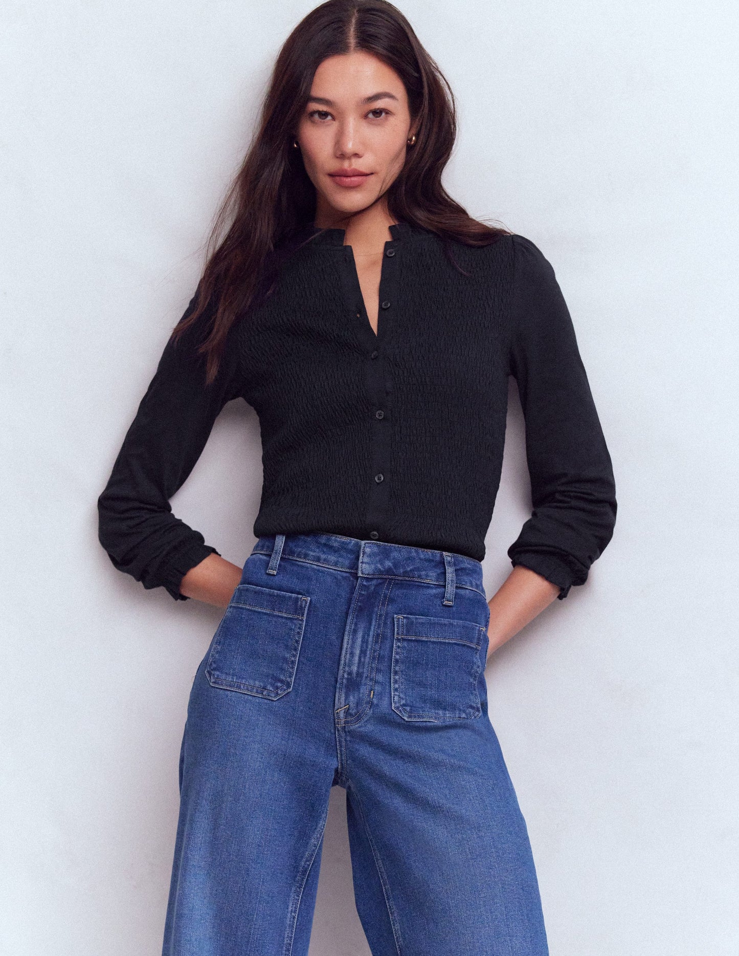 Supersoft Smocked button top-Navy