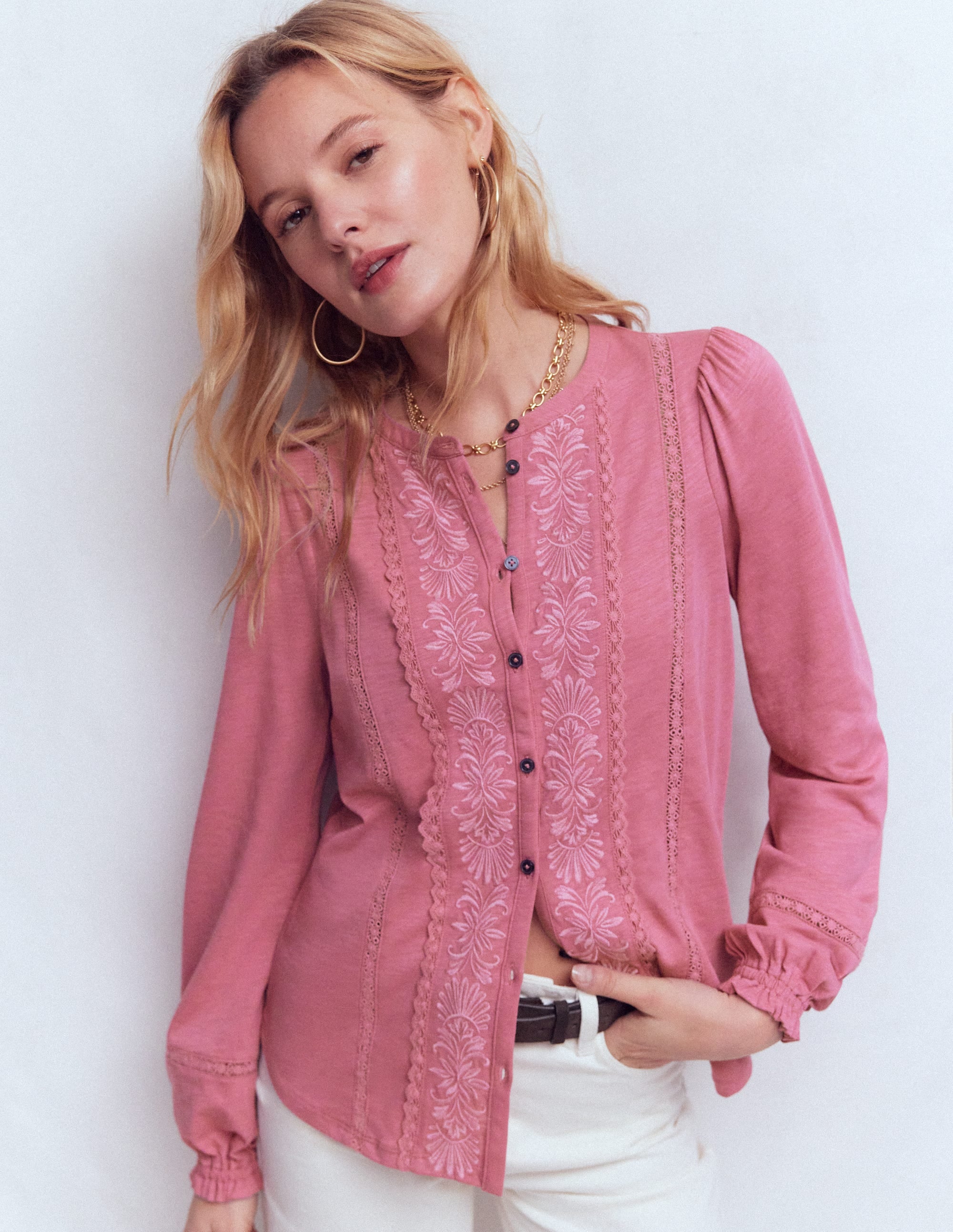 Embroidered Jersey Shirt-Pink Heather - Image 4