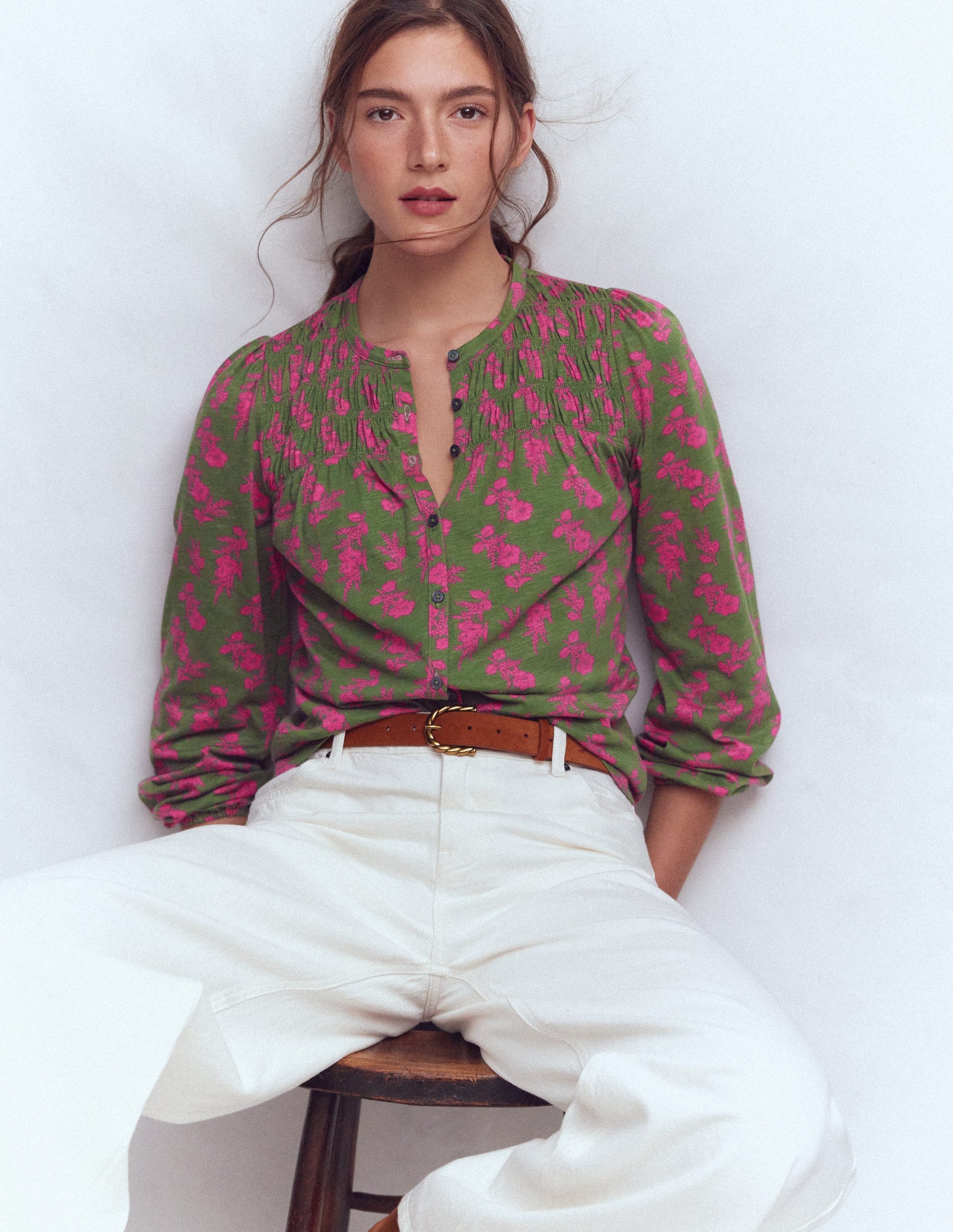 Mya Smocked Jersey Shirt-Mayfly, Blossomy Sprig-1