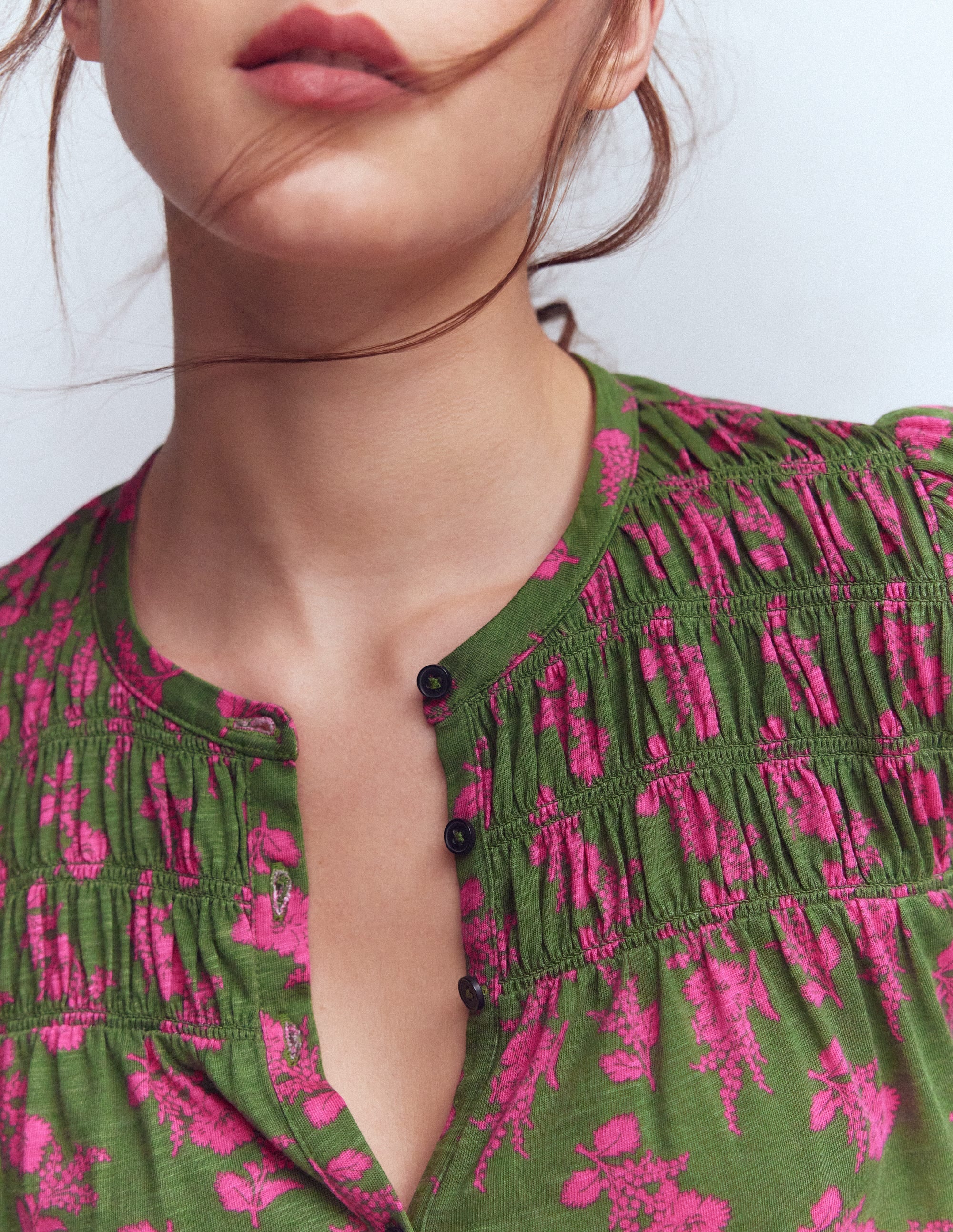 Mya Smocked Jersey Shirt - Blossomy Sprig | Boden USA