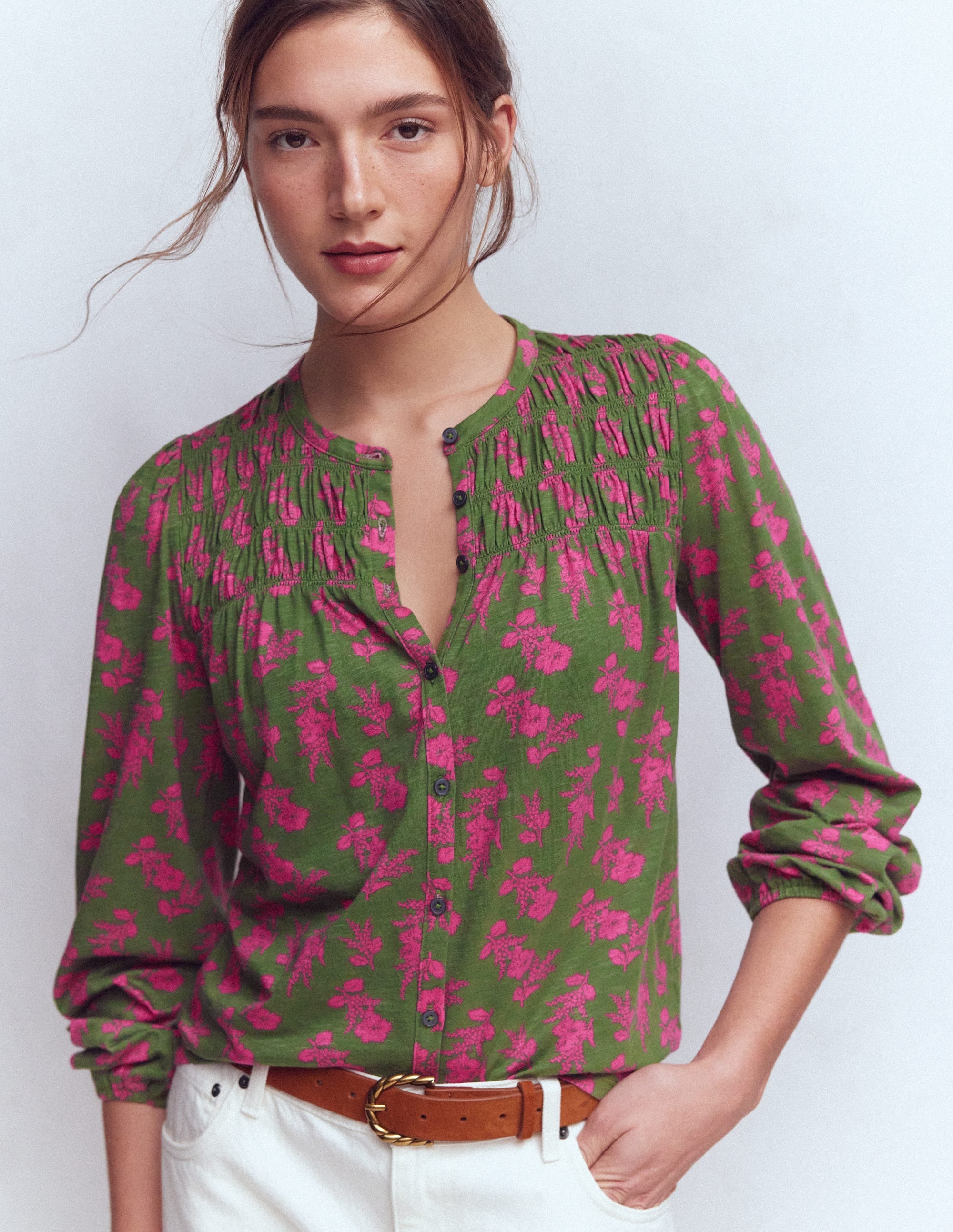Mya Smocked Jersey Shirt-Blossomy Sprig | Boden USA