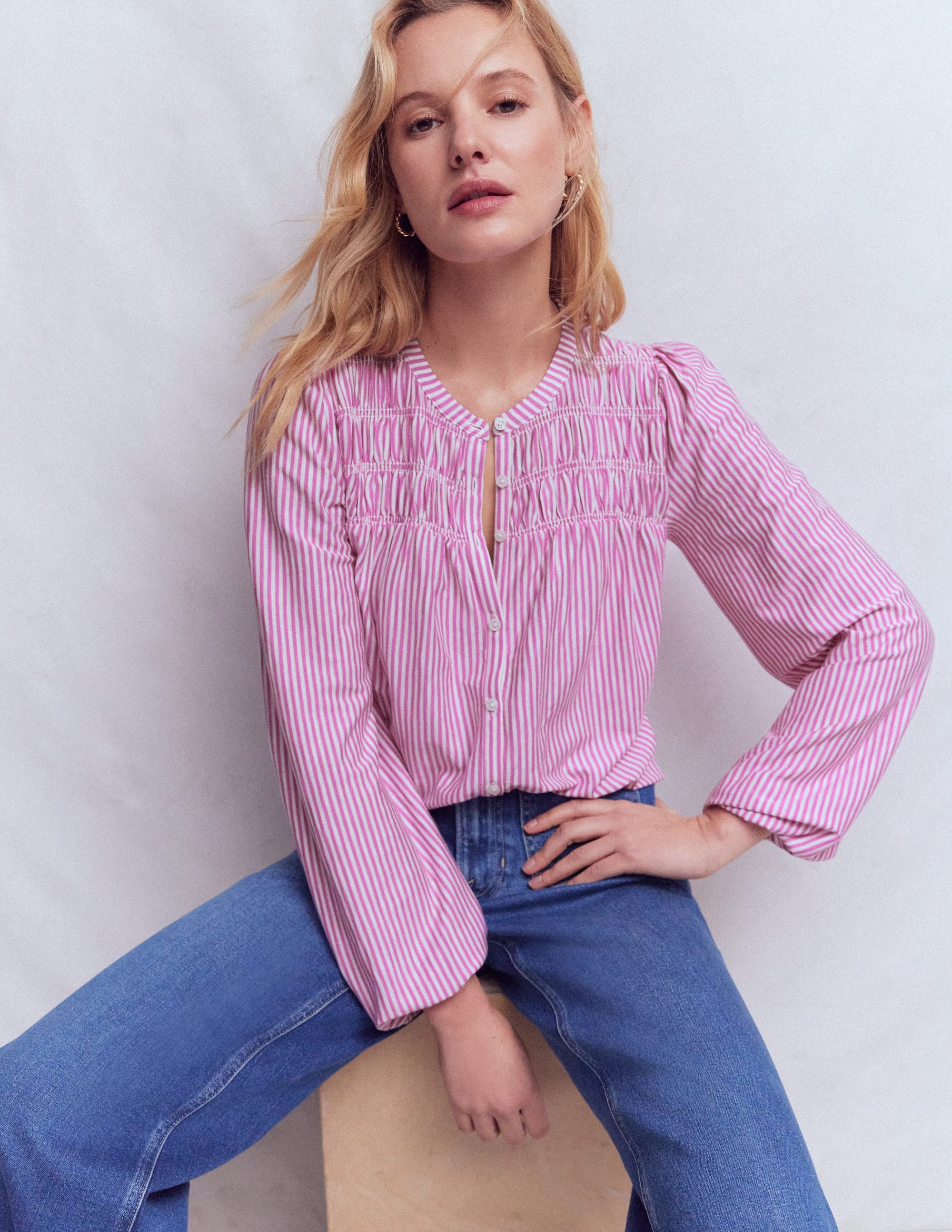 Mya Smocked Jersey Shirt-Clover Purple and Ivory Stripe - Image 1