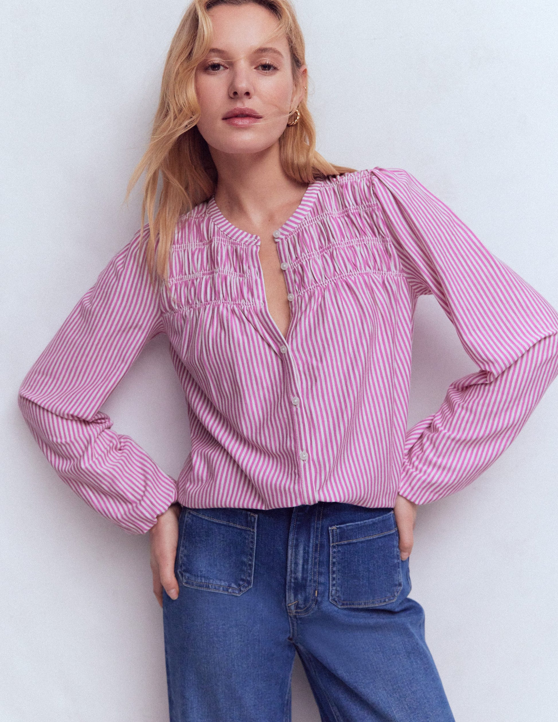 Mya Smocked Jersey Shirt-Clover Purple and Ivory Stripe-4