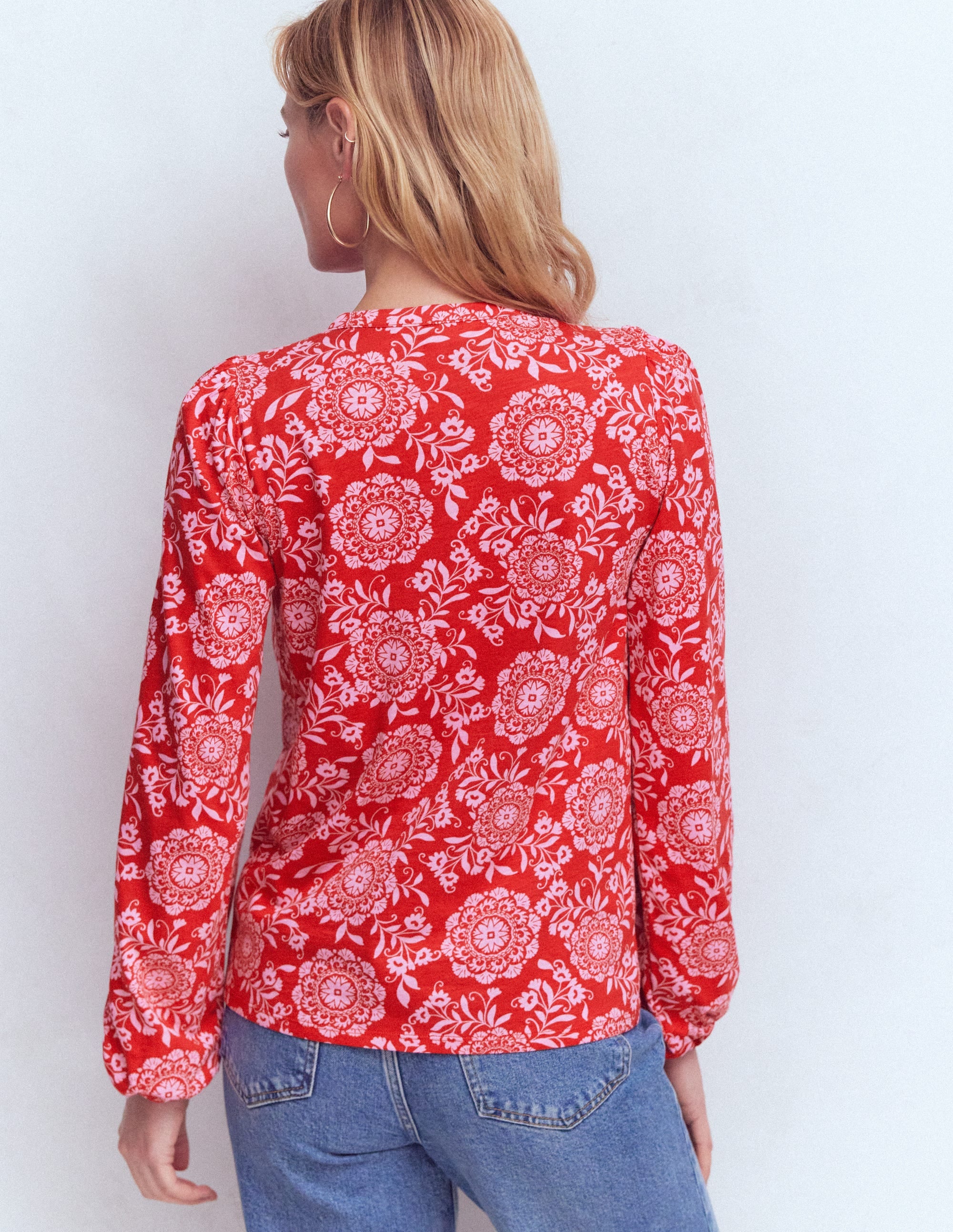 Mya Smocked Jersey Shirt-Salsa, Decorative Blossom - Image 3