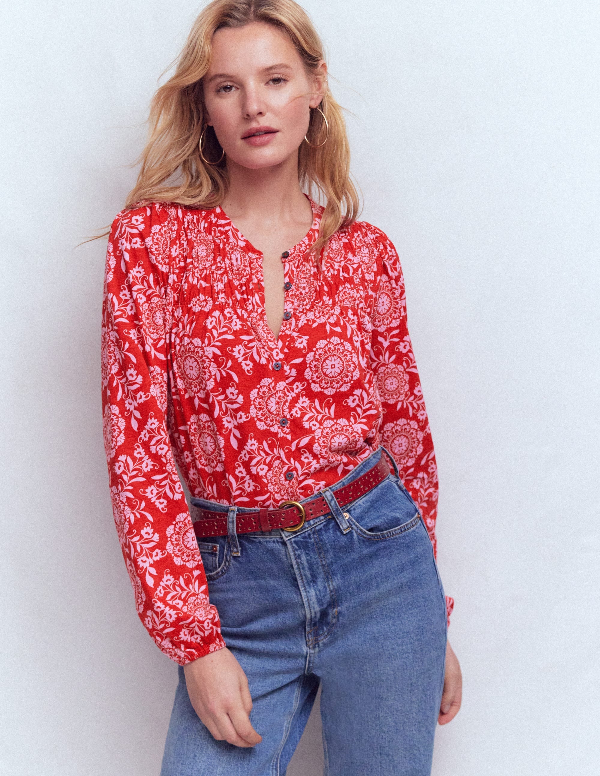 Mya Smocked Jersey Shirt-Salsa, Decorative Blossom - Image 4
