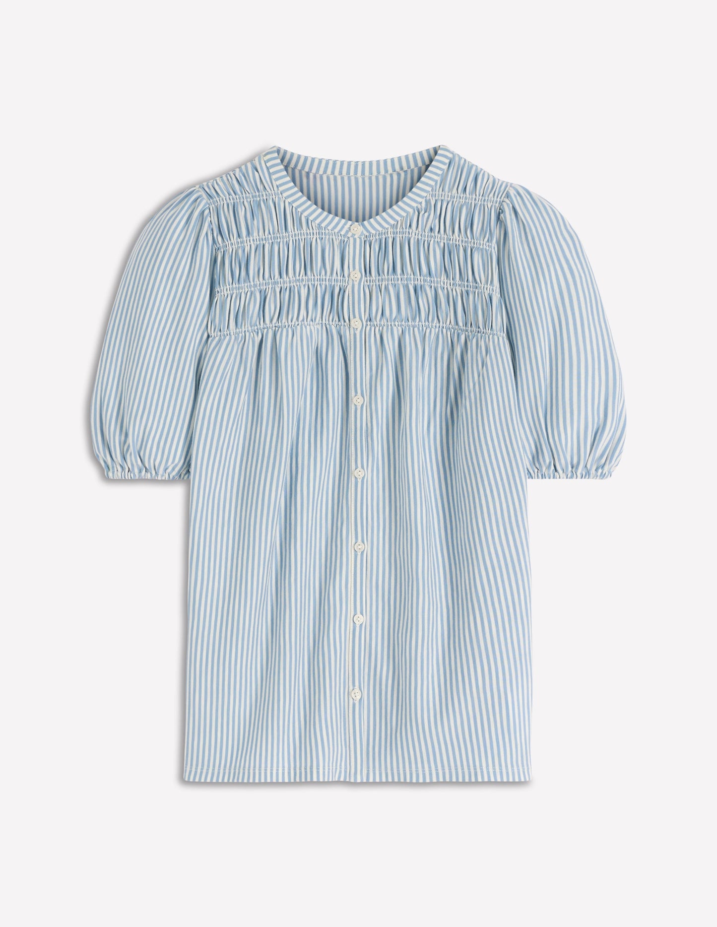 Mya Short Sleeve Smocked Shirt-French Blue and Ivory Stripe