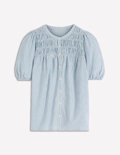 Mya Short Sleeve Smocked Shirt-French Blue and Ivory Stripe-5