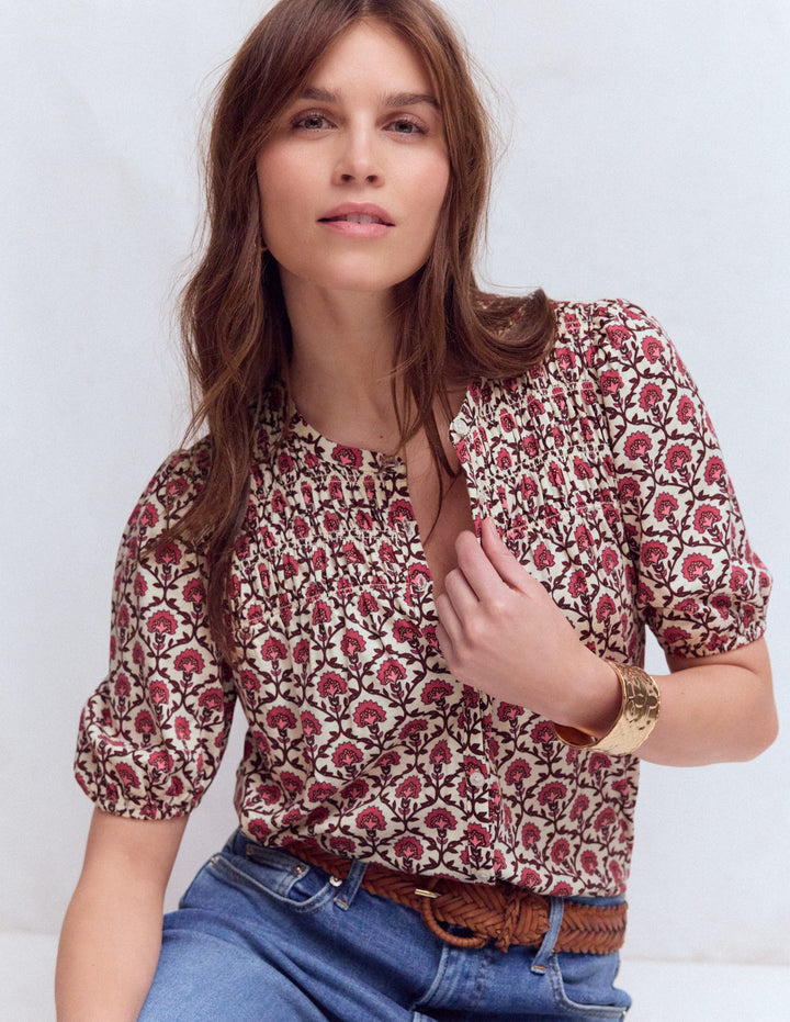 Mya Short Sleeve Smocked Shirt-Strawberry Pink,Flower Lattice