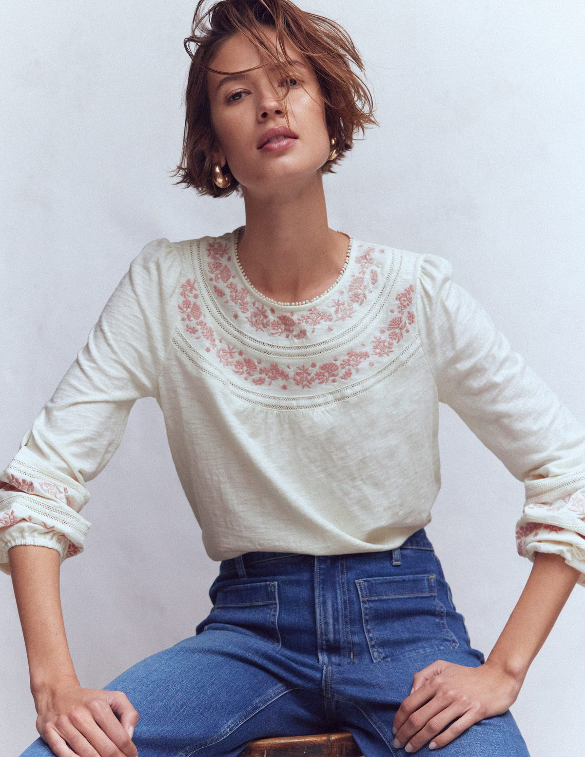 Rosie Embroidered Jersey Top-Ivory - Image 1