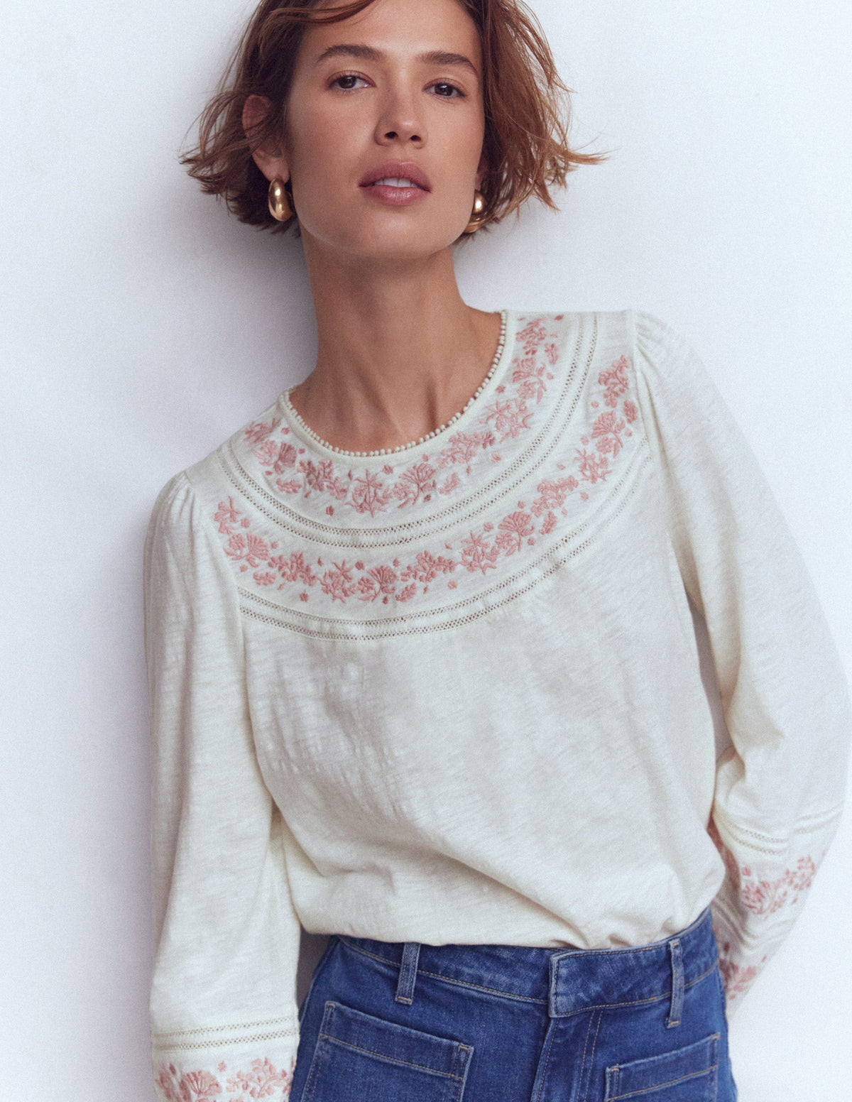 Rosie Embroidered Jersey Top-Ivory - Image 4