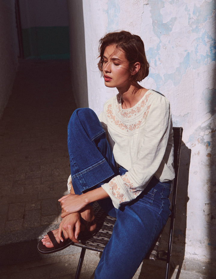 Rosie Embroidered Jersey Top-Ivory