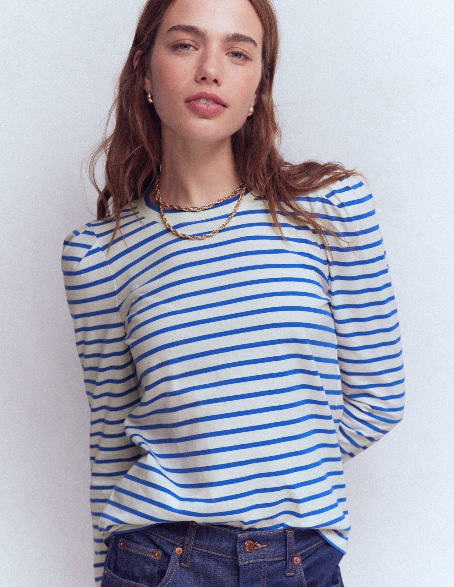 Pleat Sleeve Stripe Top-Beaucoup Blue and Ivory Stripe