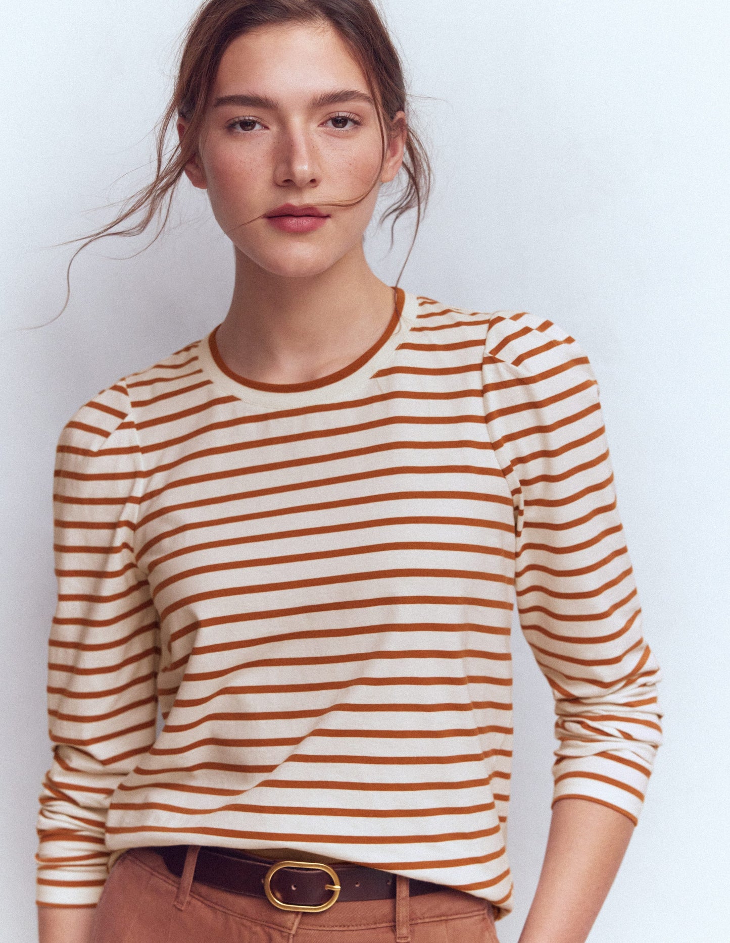 Pleat Sleeve Stripe Top-Ginger and Ivory Stripe