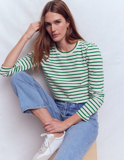 Pleat Sleeve Stripe Top-Jewel Green and Ivory Stripe-1