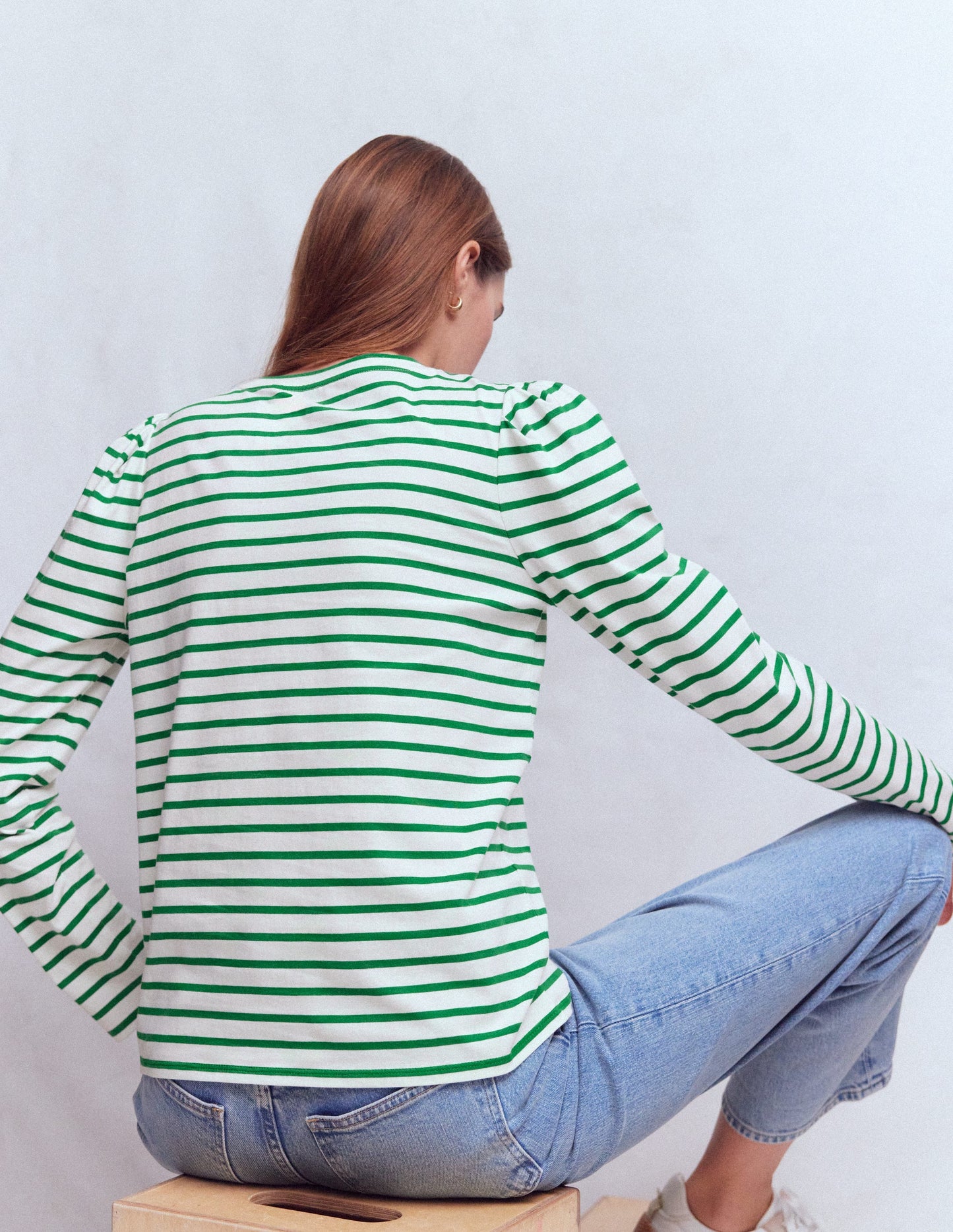 Pleat Sleeve Stripe Top-Jewel Green and Ivory Stripe